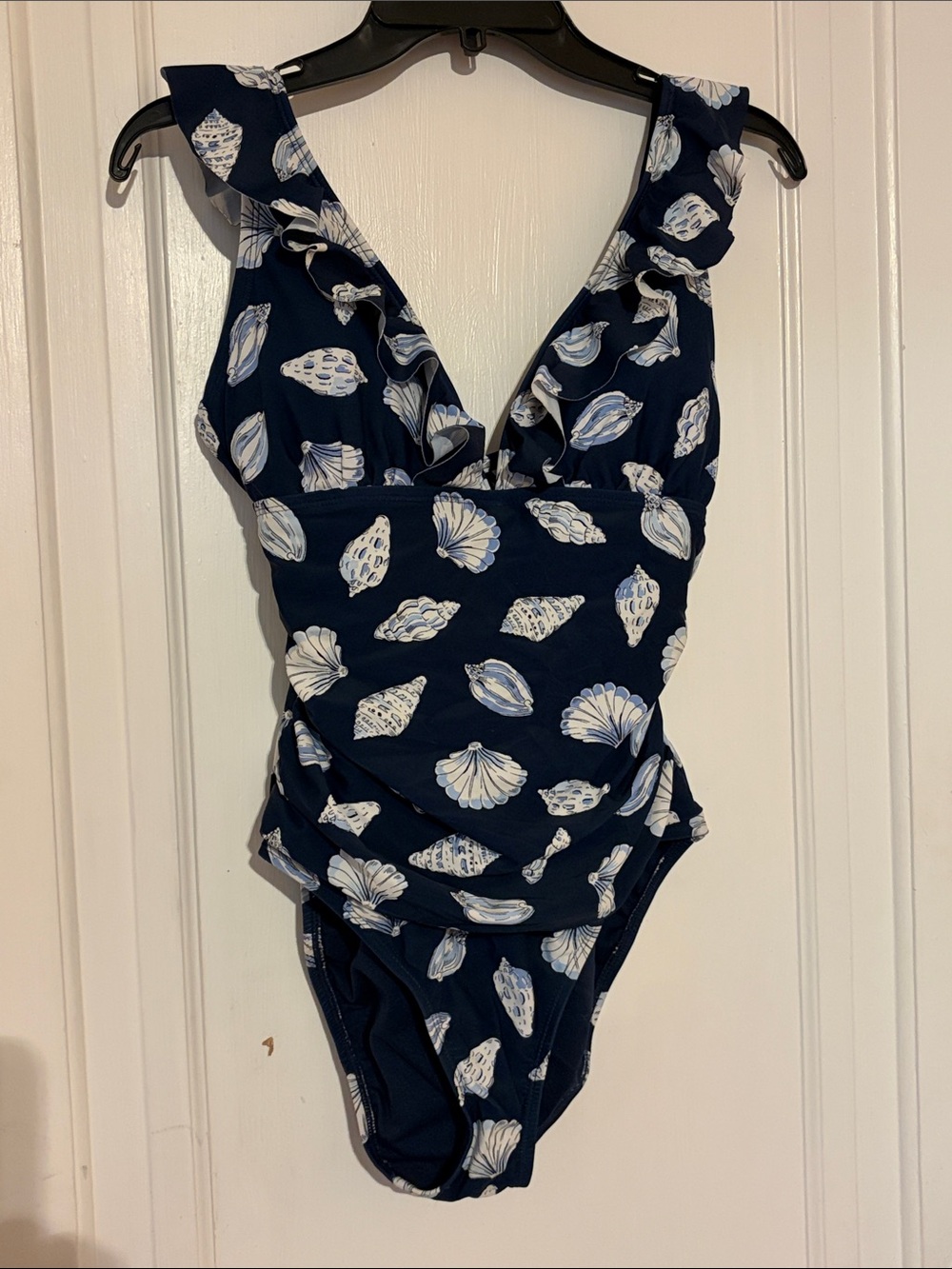 Ellen Tracy Navy One-Piece with White Seashell Print